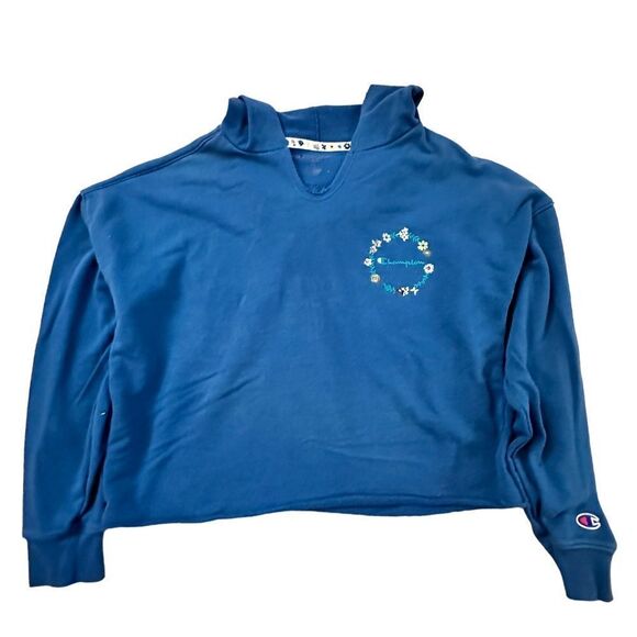 Champion ~ Turquoise/Teal Blue vneck cropped hooded sweatshirt ~ size Small - Picture 4 of 11